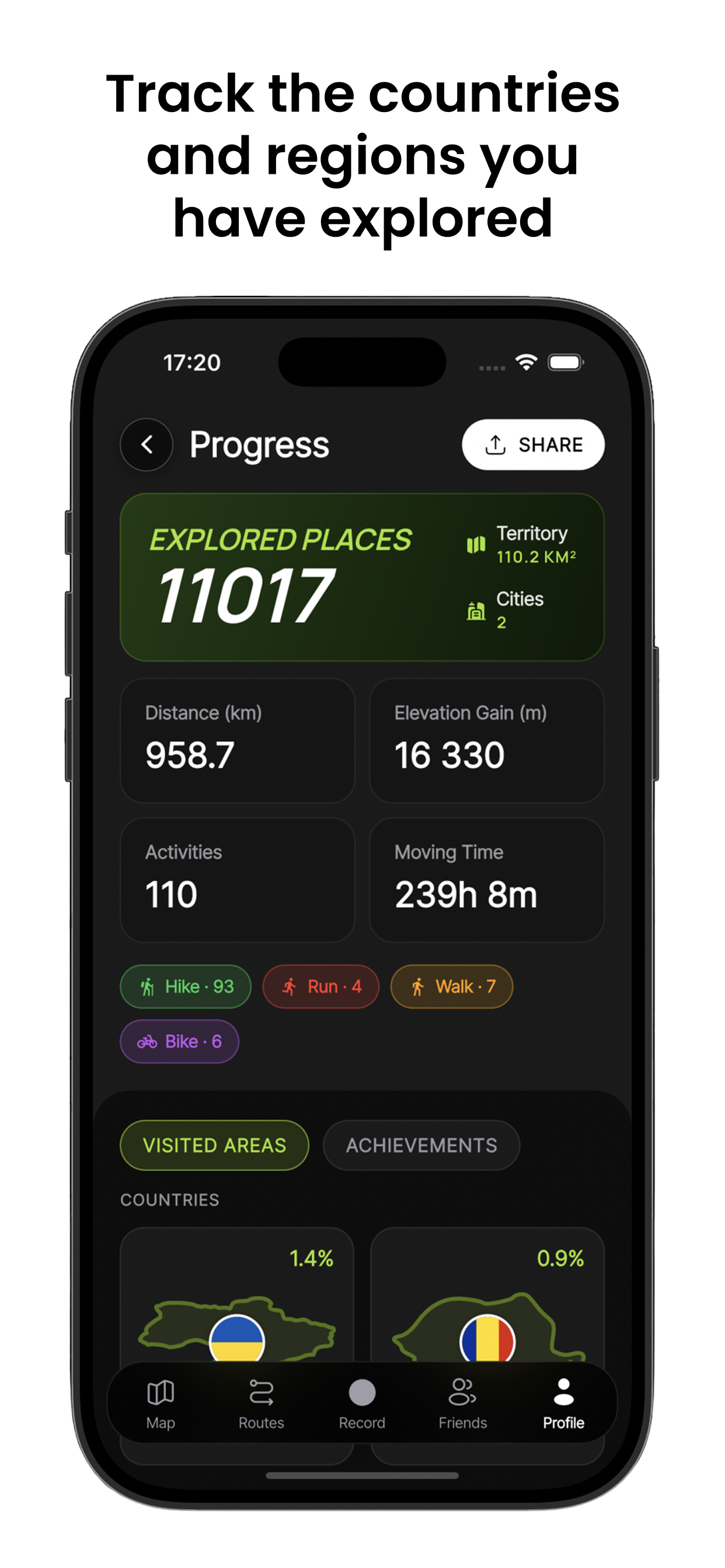 Track the countries and regions you have explored — the progress screen with distance, elevation and visited areas