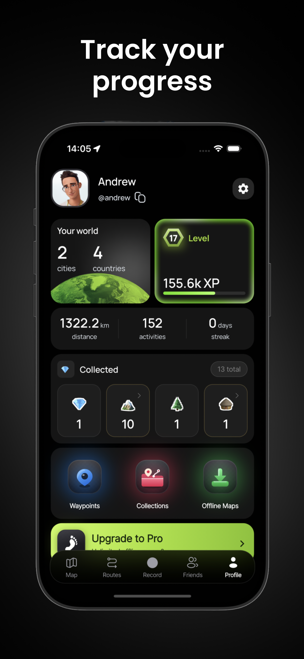 Track your progress — profile with level, XP and collected gems