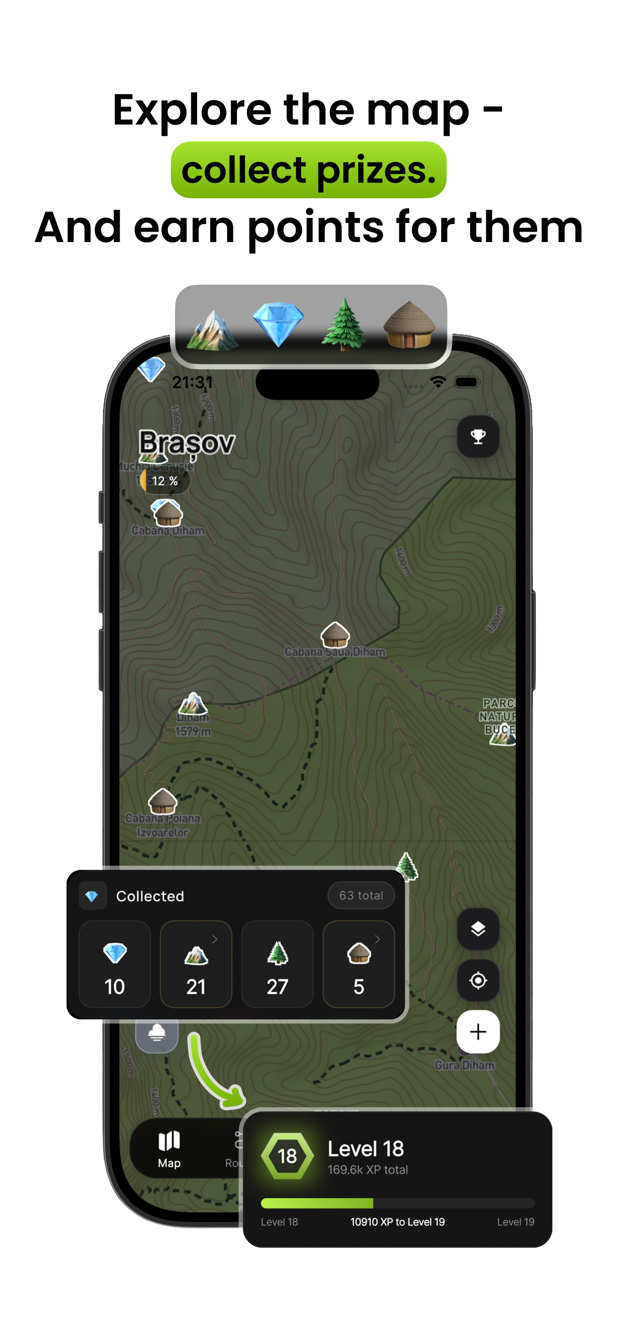 Explore the map, collect prizes — gems, peaks and huts scattered across the topo map