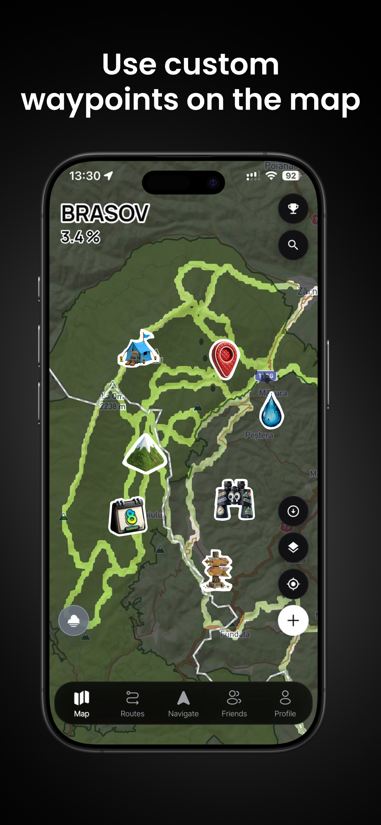 Use custom waypoints on the map — tent, water, viewpoint and signpost marks over a ridge
