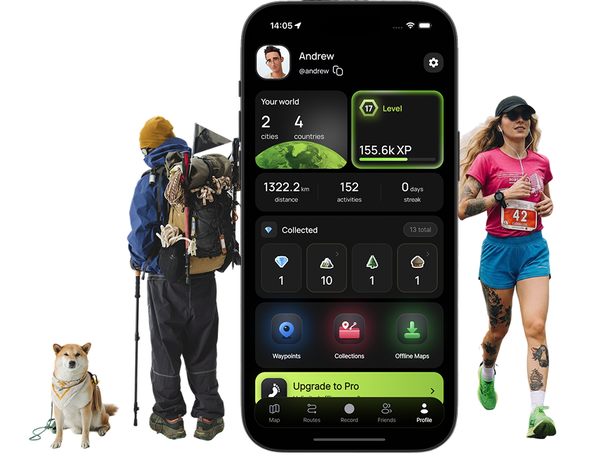 wayly shown on a phone with hikers and a runner