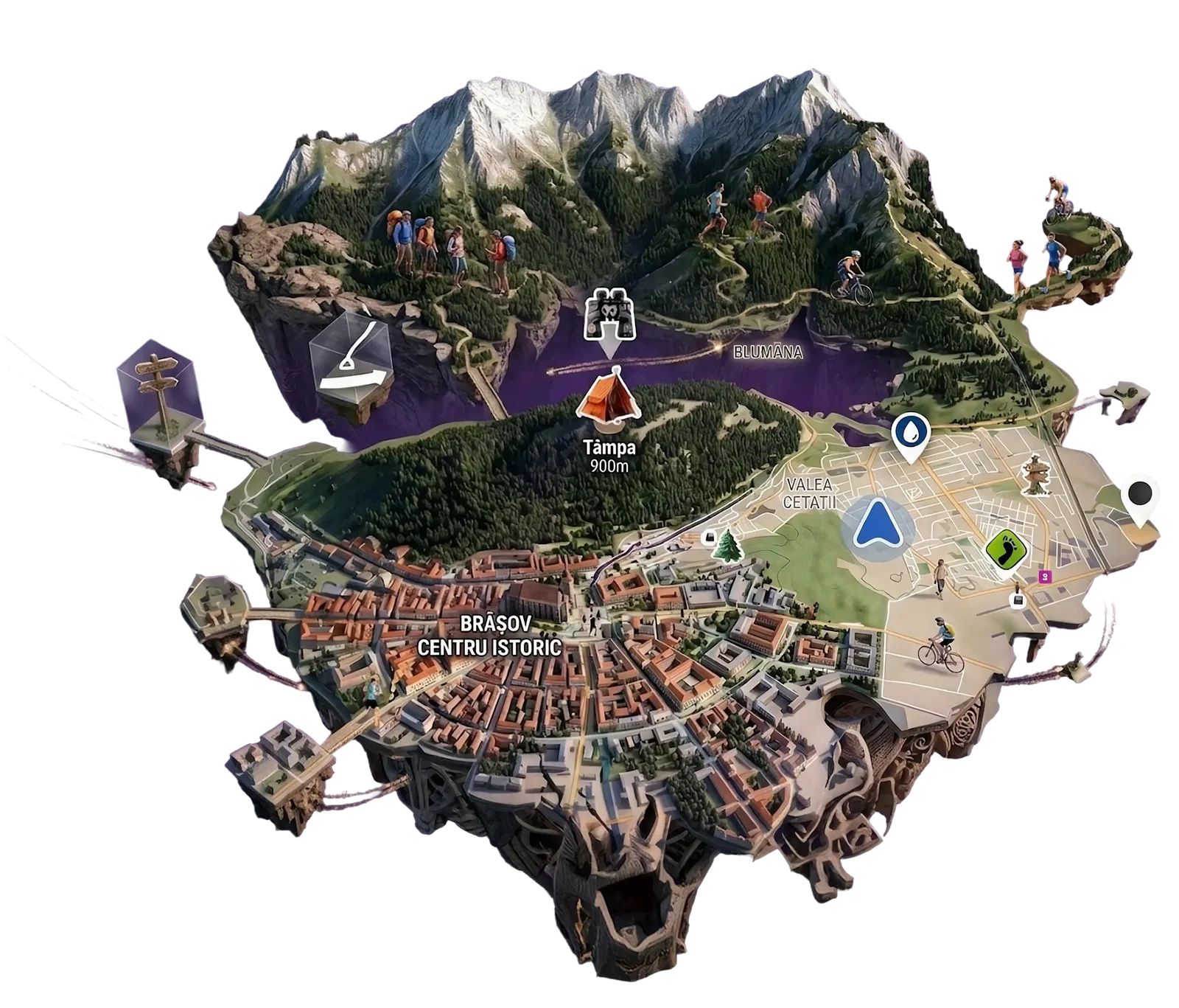 An illustrated 3D map of Brașov and its surrounding trails, with hikers, runners and cyclists on the paths